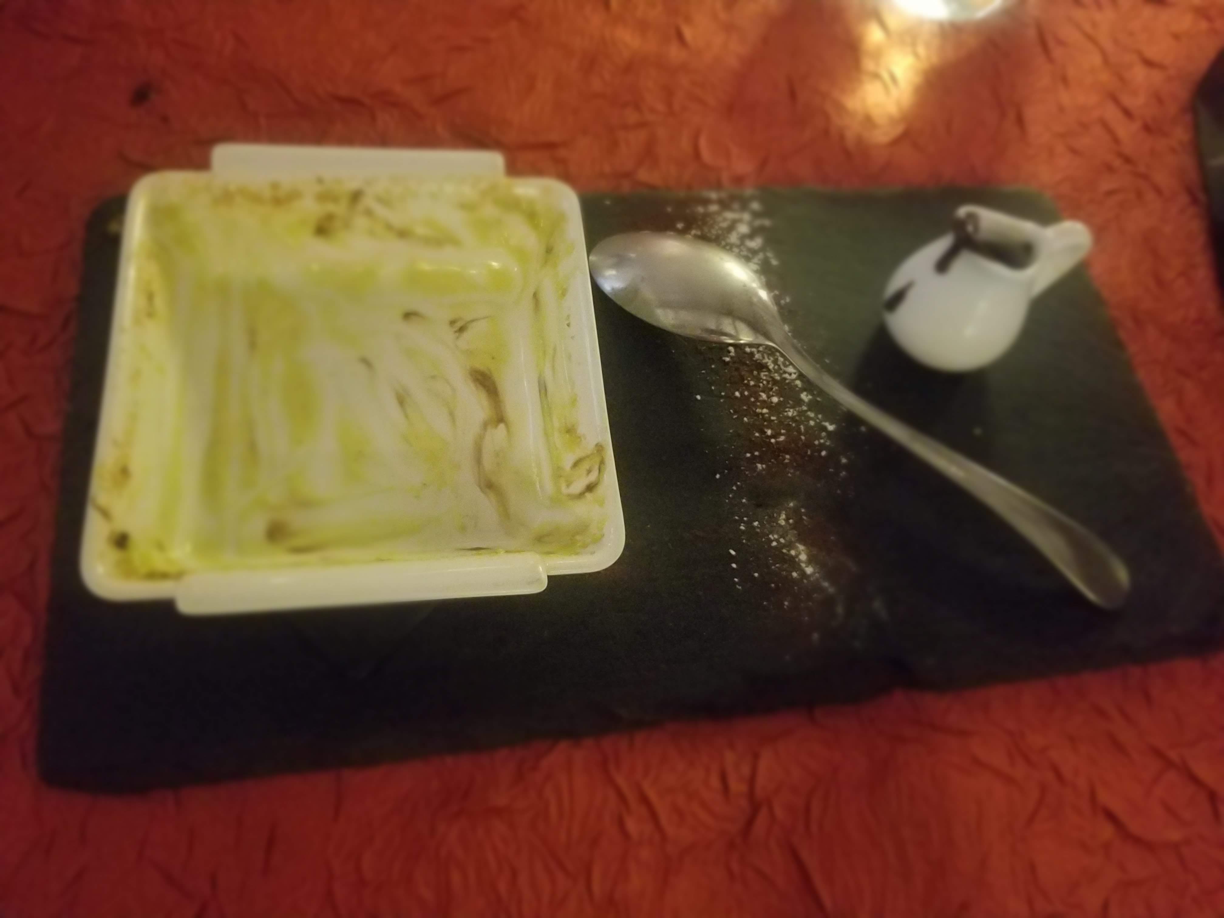 Empty creme brulee dish at La Villa, St. Martin, SXM