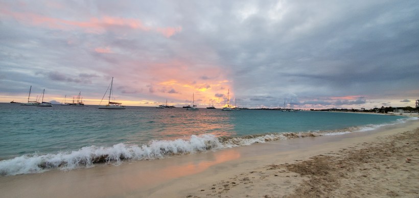 Sun setting over the beach at Simpson Bay, Sint Maarten.