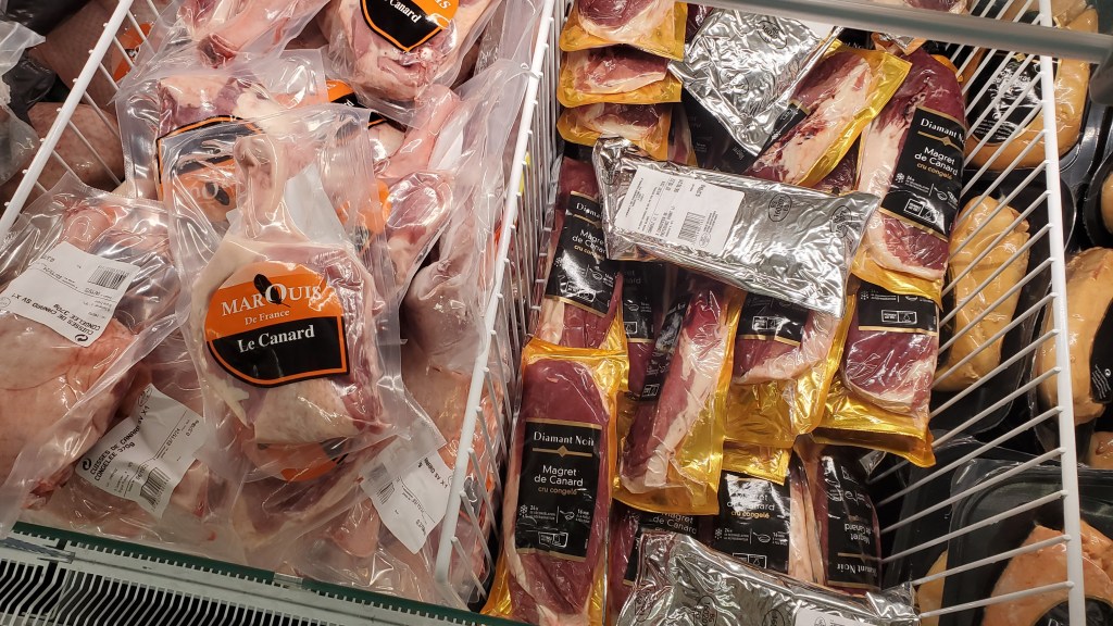 Vacuum sealed duck breast in the freezer at Super U